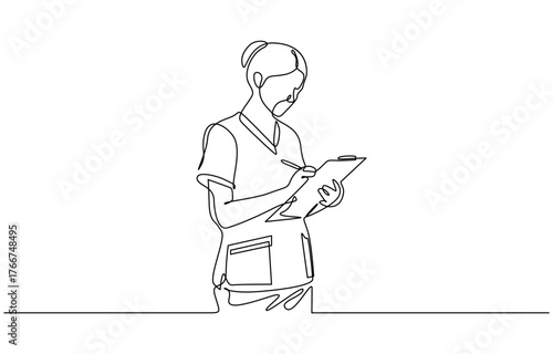 Continuous one line drawing of Female medical staff taking a note vector illustration. Isolated on transparent background