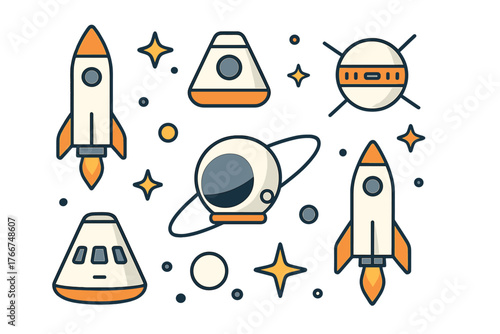 Set of stylized space exploration icons featuring rockets and capsules