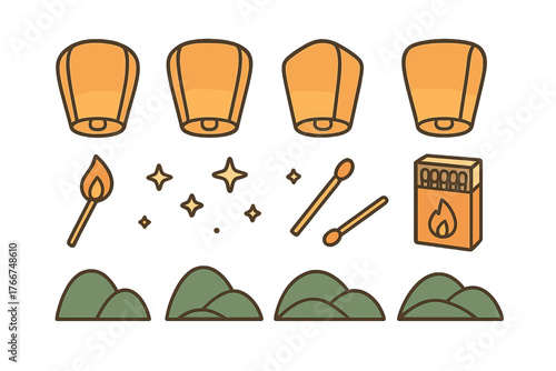 Floating sky lanterns with matchsticks and rolling hills icons set