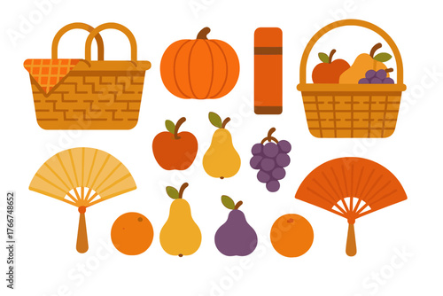 Stylized autumn harvest picnic elements featuring fruit and decorative fans