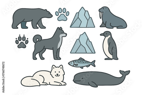 Collection of Arctic and Antarctic animal icons with icebergs and paw prints
