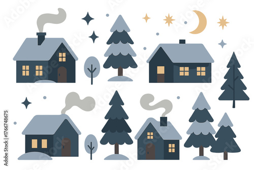 Cozy winter village with snowy trees and glowing windows at night