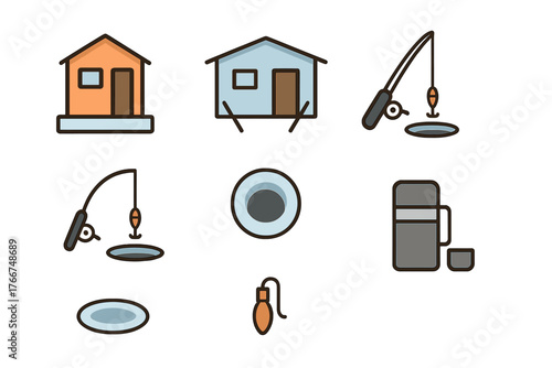 Collection of simple icons representing ice fishing activity and related equipment