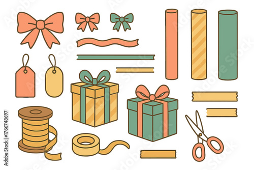 Various gift wrapping materials and beautifully decorated packages