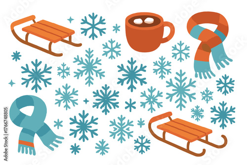 Cozy winter seasonal objects with falling snowflakes and hot chocolate mug