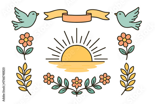 Cute nature icons set with sun, birds, flowers, and blank banner