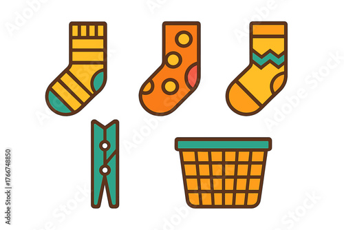 Vibrant laundry symbols collection featuring socks, clothespin, and hamper