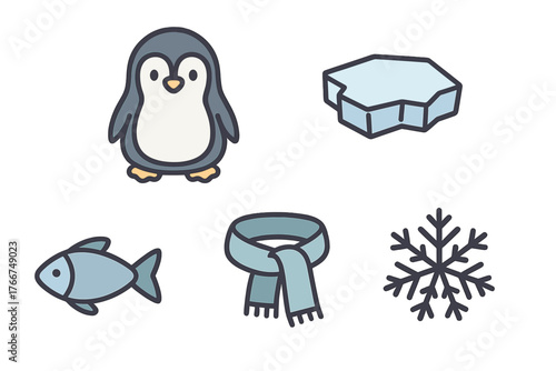 Charming set of arctic animal and winter themed icons featuring penguin and ice floe