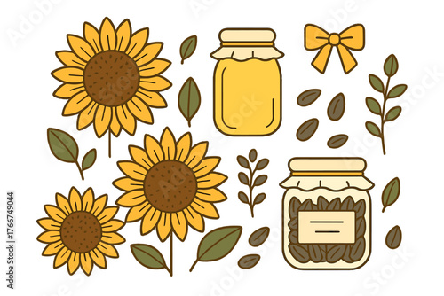 Stylized sunflower elements with honey and seeds in glass jars