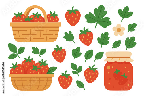 Fresh strawberry harvest elements with wicker baskets and jam jar