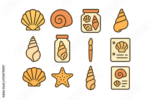 Set of stylized seashell and starfish icons with jar and paintbrush elements
