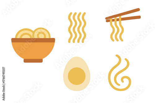 Noodle soup components icons collection with bowl and eating utensils