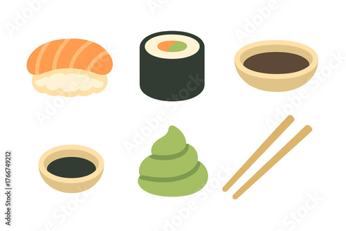 Isometric set of sushi ingredients and accompaniments for Japanese cuisine