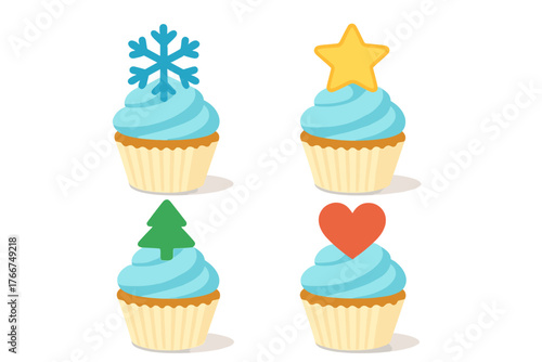 Four assorted cupcakes with holiday and love themed decorative toppers