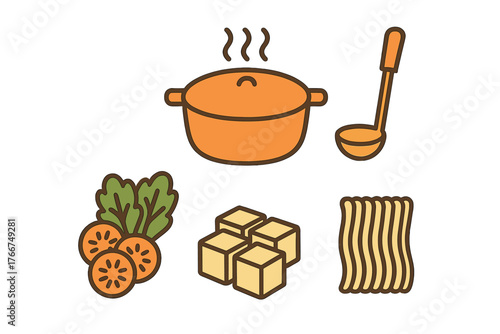 Steaming pot and ladle icon collection for cooking ingredients