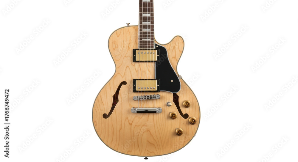 Obraz premium Pristine natural wood semi-hollow electric guitar with golden humbuckers, F-holes, and chrome pegs, centered on white studio background with copy space, concept of premium musicality