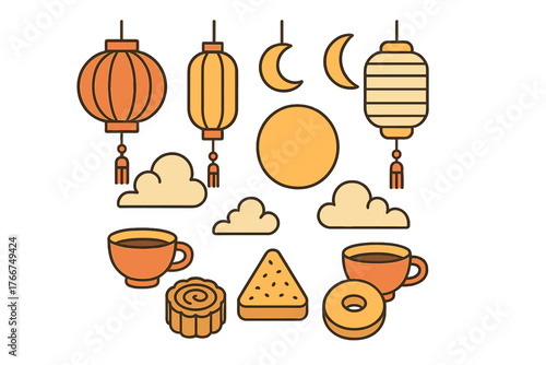 Stylized icons for Mid Autumn Festival featuring lanterns, moon, and traditional pastries