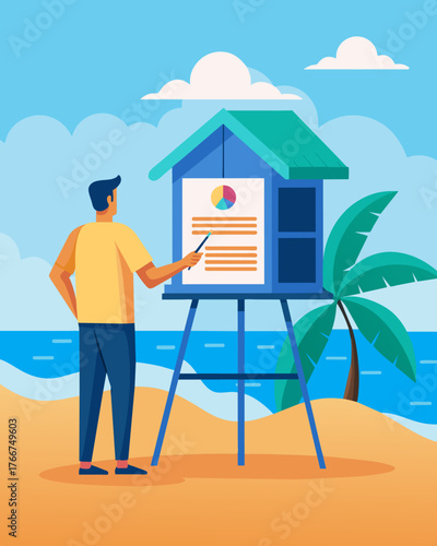 A whiteboard propped up against the wall of a beach hut serves as a virtual whiteboard during team meetings as the remote worker conducts business with a view of rolling waves.. Vector illustration