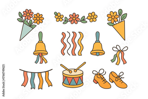 Festive holiday icons featuring flowers, bells, drum, and traditional shoes