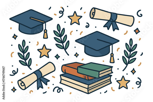 Academic achievement icons featuring mortarboards diplomas and stacked books