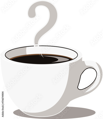 A lonely, forgotten cup of coffee with steam in the shape of a question mark. It symbolizes dismissal or uncertainty. An office break, a problem, a question, or a reflection.