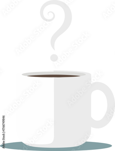 A lonely, forgotten cup of coffee with steam in the shape of a question mark. It symbolizes dismissal or uncertainty. An office break, a problem, a question, or a reflection.