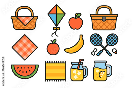 Colorful icons for outdoor recreation and summer picnic activities