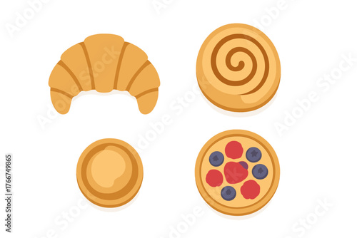 Assortment of baked goods including croissant, cinnamon roll, and fruit tart