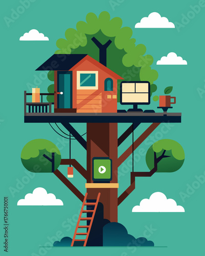 A unique blend of nature and technology with a rustic yet modern treehouse serving as both a home and a workspace.. Vector illustration