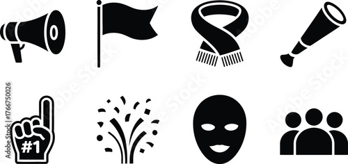 Sports Fan and Cheering Icons Including Megaphone Flag Scarf Telescope Foam Finger Confetti Mask and Group of People