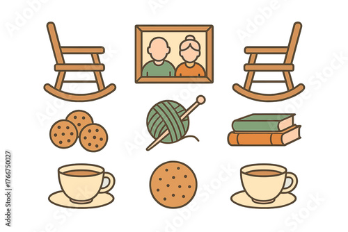Set of retirement and senior comfort icons featuring rocking chairs and leisure activities