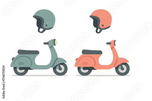 Two retro scooters and matching helmets in muted colors