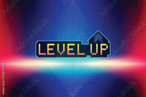 Level up icons, pixel art, 8-bit game, retro futuristic sci-fi background, glowing neon grid and stars from vintage arcade computer games.
