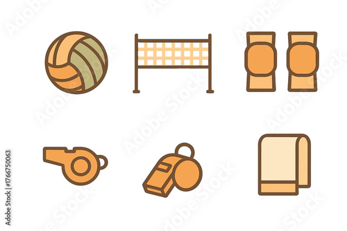 Volleyball sport equipment icons set featuring net and whistle