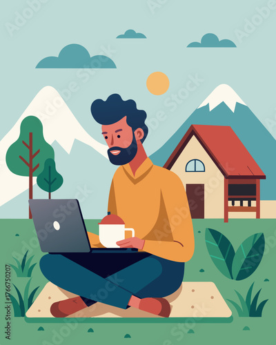 As the nomad wraps up their work for the day they switch off their laptop and grab a locally sourced meal from the lodges restaurant basking in the sense of accomplishment and. Vector illustration
