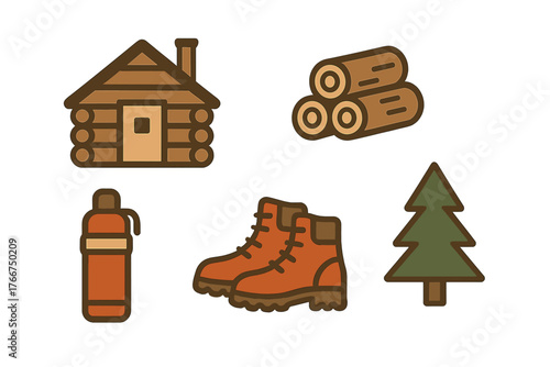 Rustic outdoor camping and hiking equipment icons set