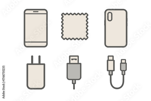 Smartphone accessories set with charging cable, adapter, case, and cleaning cloth