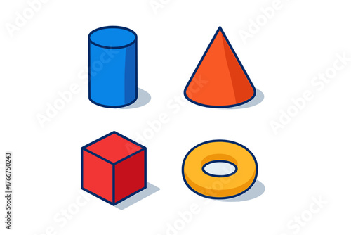Isometric basic geometric solids collection cylinder cube cone torus shapes