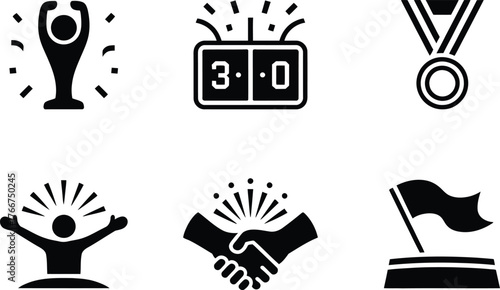 Sports Victory Icons Including Trophy Scoreboard Medal Cheering Fan Handshake And Flag symbol graphic