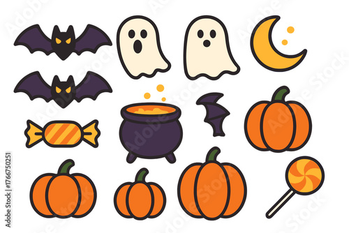 Charming set of Halloween symbols including pumpkins bats ghosts and sweets