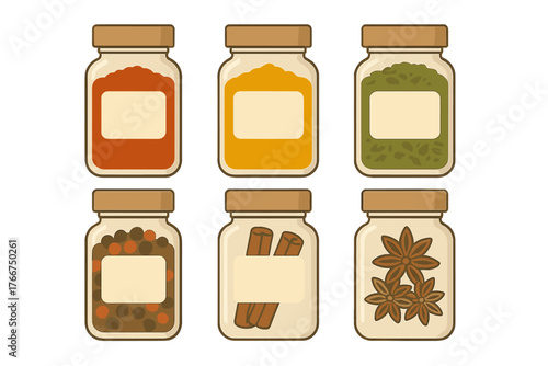 Six glass spice jars with various seasonings and blank labels