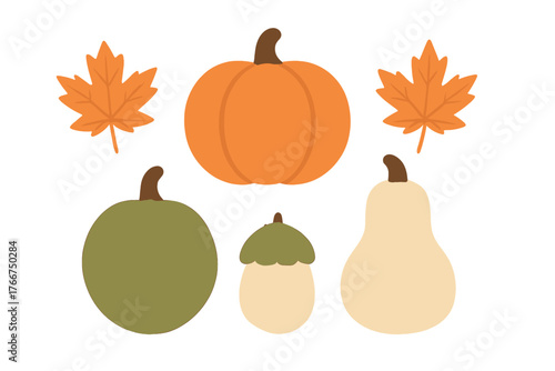 Colorful assortment of pumpkins and vibrant autumn maple leaves