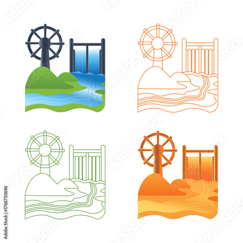 Four stylized illustrations of a water wheel and gate system in different color palettes