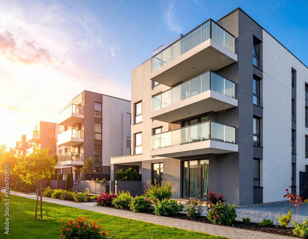 Fototapeta premium New modern block of flat, condo architecture. Residential apartment flat, luxury house complex. City real estate property