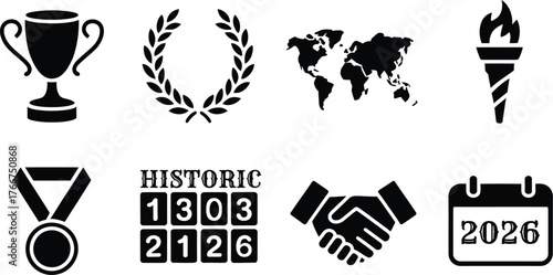 Sports and Achievement Icons with Trophy Laurel Wreath World Map Torch Medal Historic Scoreboard Handshake and Calendar