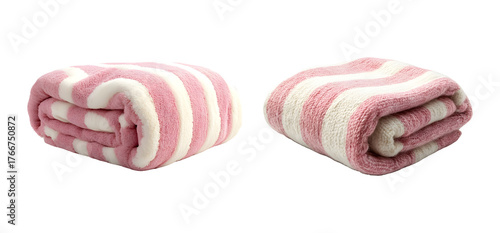 Set of Folded Pink and White Striped Blanket on Transparent Background