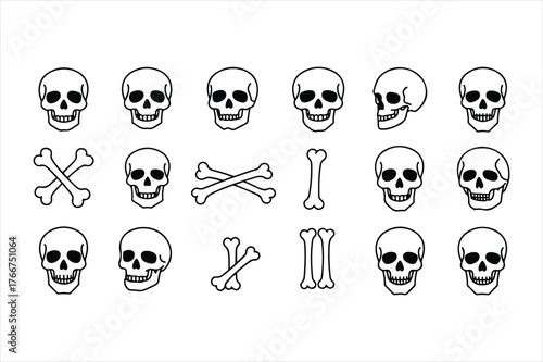 Collection of skulls and bones symbols for halloween and gothic themes detailed drawings