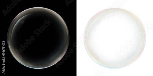 Transparent soap bubble overlay on black and white backgrounds, showcasing reflections and light refraction, ideal for creative design and artistic projects with copy space