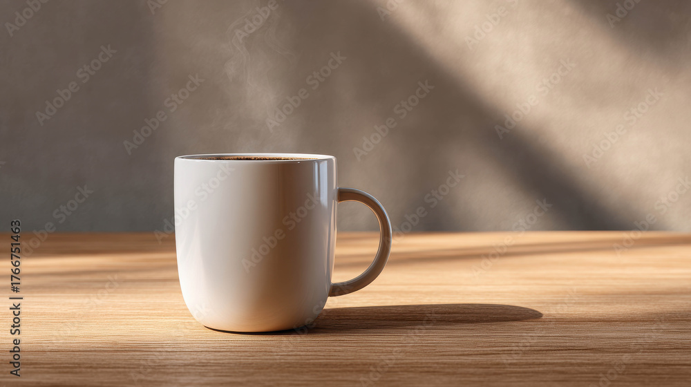Fototapeta premium Elegant White Ceramic Coffee Cup on Light Wooden Table with Soft Shadows and Steam Rising in a Calm Modern Setting