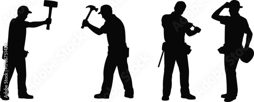 Construction worker silhouettes, manual labor poses, hammering, tool belt, teamwork, industrial workforce, occupational safety, building industry, construction site